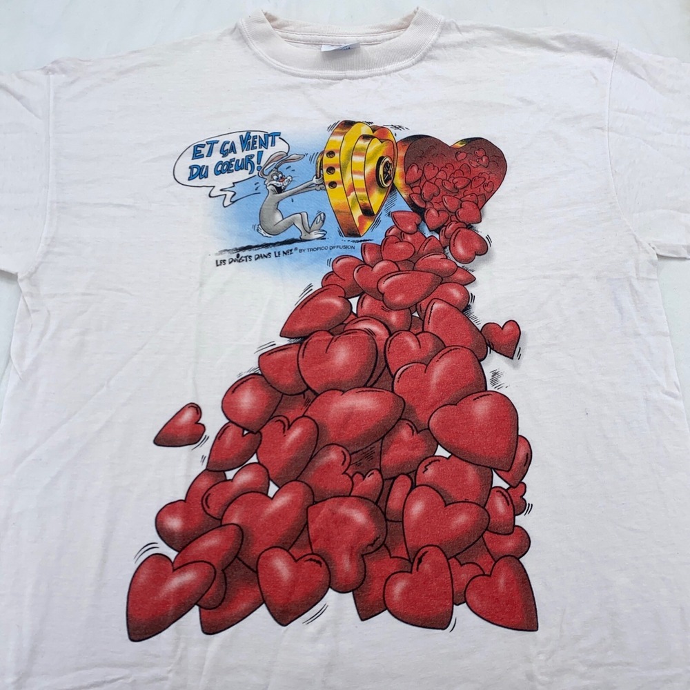 vtg 90s ET CA VIENT DE COEUR CARTOON BUNNY‎ RABBIT T-Shirt L french heart